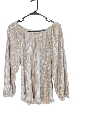 Chicos Metallic Crinkle Tee Top Champagne Gold 3/4 Sleeve Pleated Size 3 XL